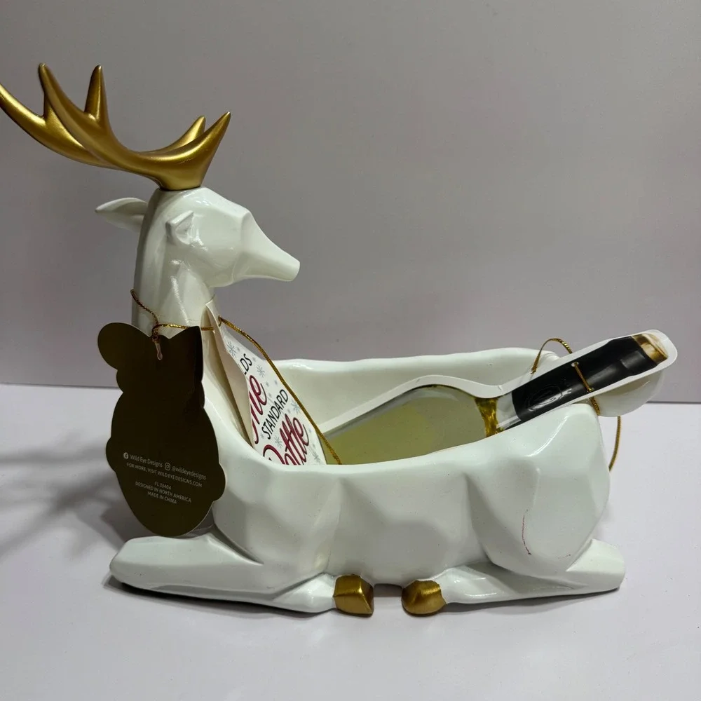 Wild Eye Designs White Gold Reindeer Wine Bottle Holder Geometric Ceramic Deer
